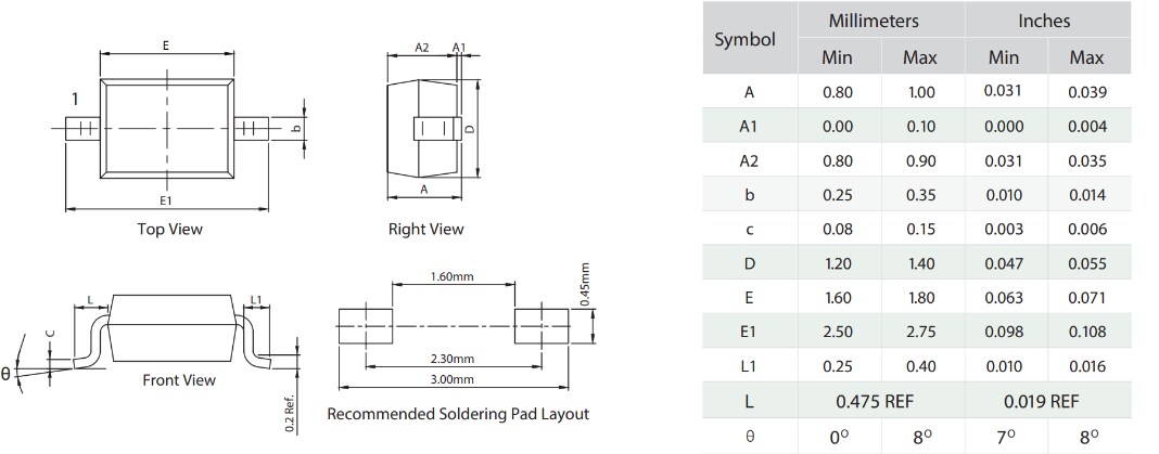 Mechanical Drawing - Littelfuse AQW05/SDW05-01FTG Unidirectional TVS Diodes